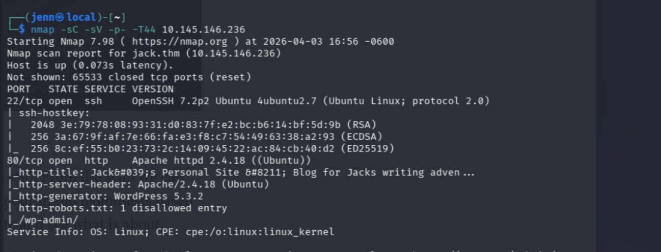 Nmap results confirming open ports and service versions